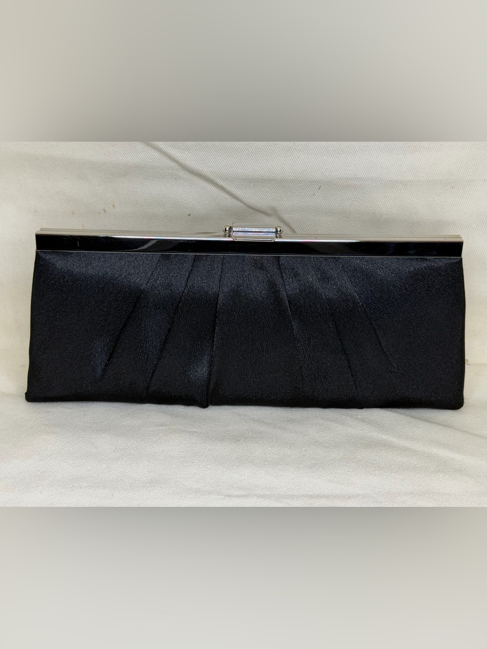 Vintage Gunne Sax Black Satin Evening Clutch Purse Silver Frame Chain Strap